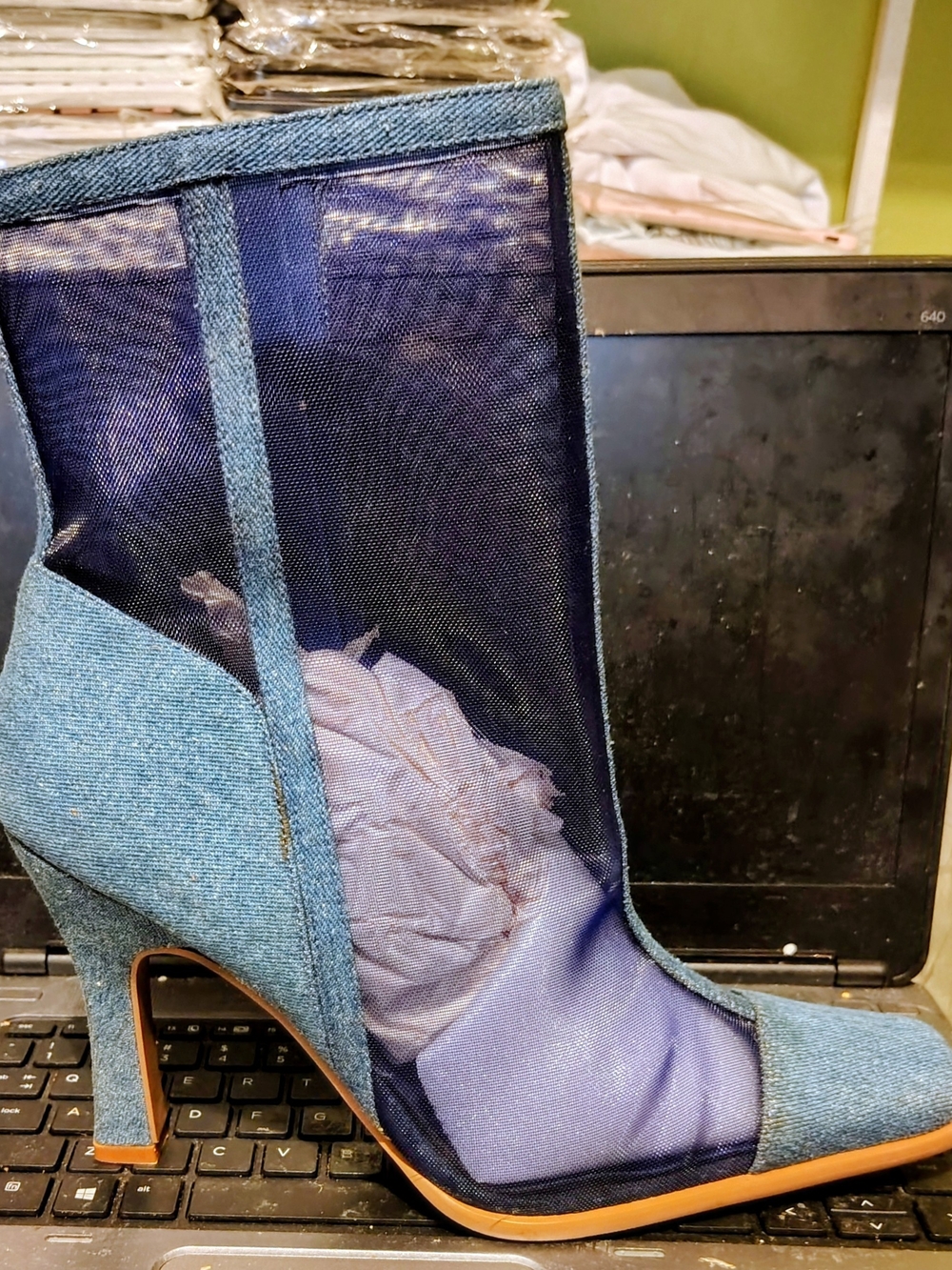 Denim Blue Mesh Panel High Heel Bootie - Women
